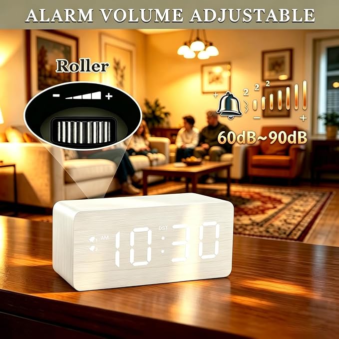 URAYCO Wooden Digital Alarm Clock, 10W Fast Wireless Charger Station & 2 USB Charging Ports, with 0~99% Dimmer, Dual Alarm, Weekday/Weekend Mode, Wood LED Clock for Bedroom, Desk, Office