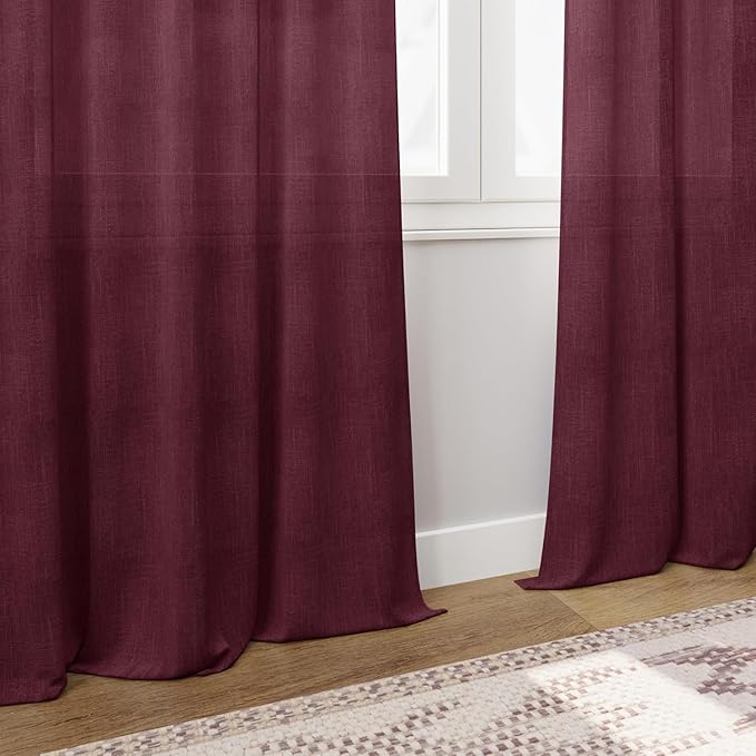 Nanspring Burgundy Linen 144 Inch Curtains for Living Room Light Filtering Semi Sheer Curtain Back Tab Vintage Boho Decor Elegant Drapes Floor to Ceiling High Window for Bedroom 52x144, 2 Panels