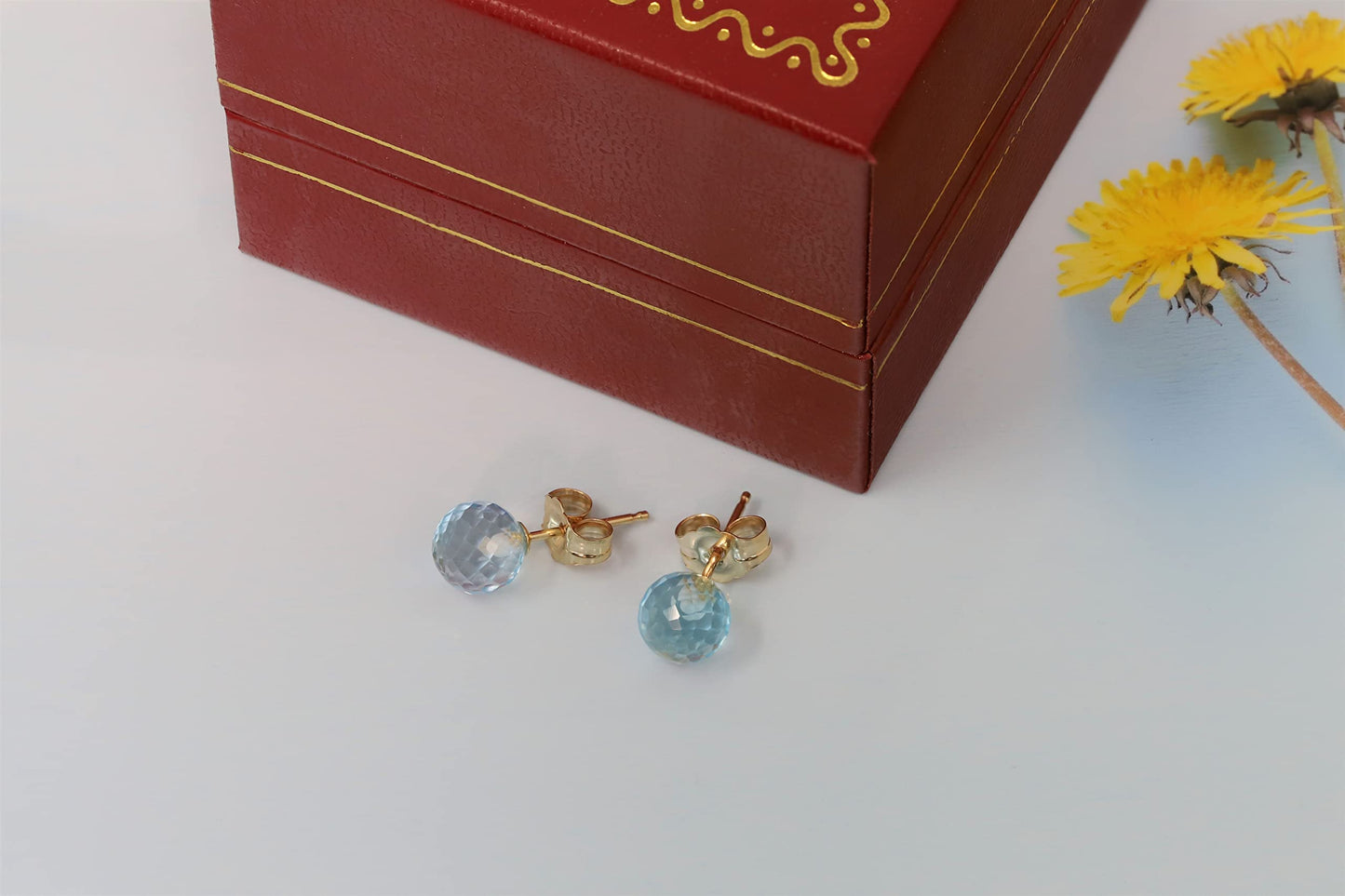KOKAV 14K Solid Yellow Gold Genuine Blue Topaz 6 mm Ball Stud Earrings