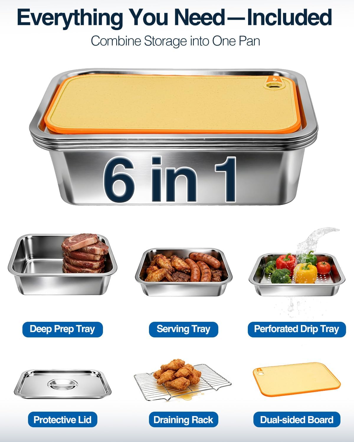 Matchwaves Grilling Prep and Serve Trays with Lid, Stainless Steel Large Grill Carry System, Deep Marinating Container with Cutting Board for BBQ Outdoor Grilling, Pro Series