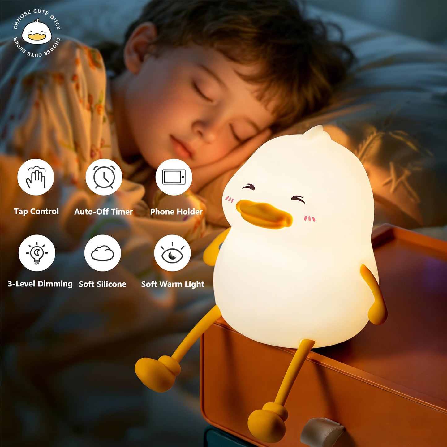 Duck Night Light for Kids, Cute Silicone Animal Nursery Lamp, 3 Level Dimmable Rechargeable LED Nightlight, BPA Free Food Grade Silicone, Eye Caring Soft Warm Light for Baby Toddler Breastfeeding