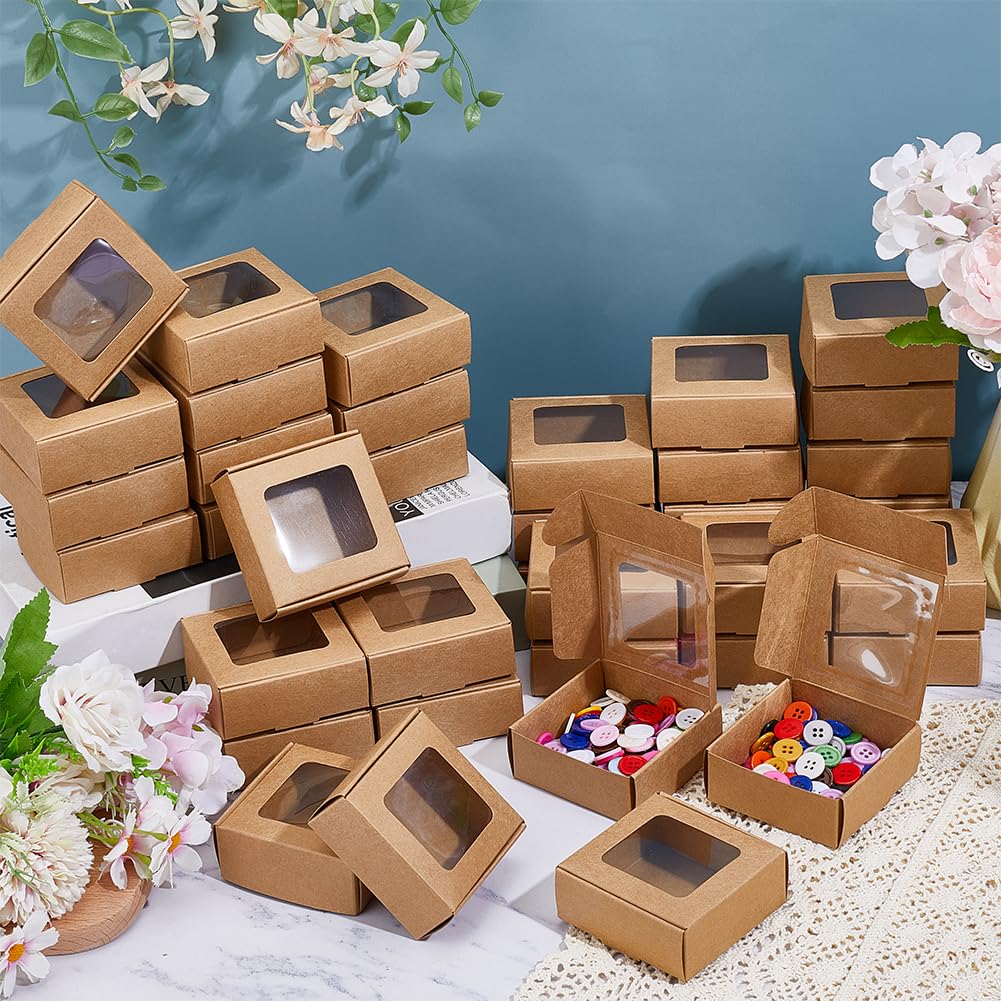 BENECREAT 60 Pack Square Clear Window Box, Brown Kraft Paper Container Party Favor Packaging Boxes, 3x3x1.2inch Foldable Design with Visible PVC Window for Wedding Treats & Crafts