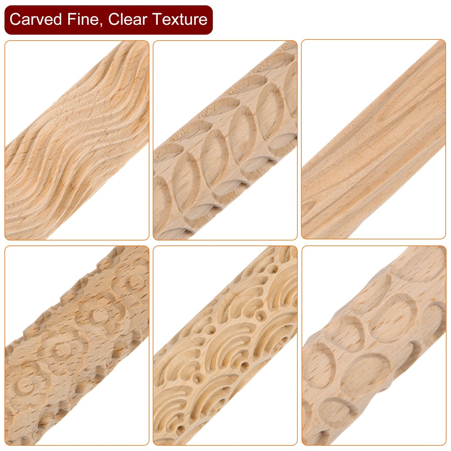 HARFINGTON 6pcs Wood Clay Roller Pattern Modeling 5.9 Inch Beech Wood Hand Rollers Wooden Pottery Tools Wood Grain Texture Rollers for Clay Baking Playdough DIY