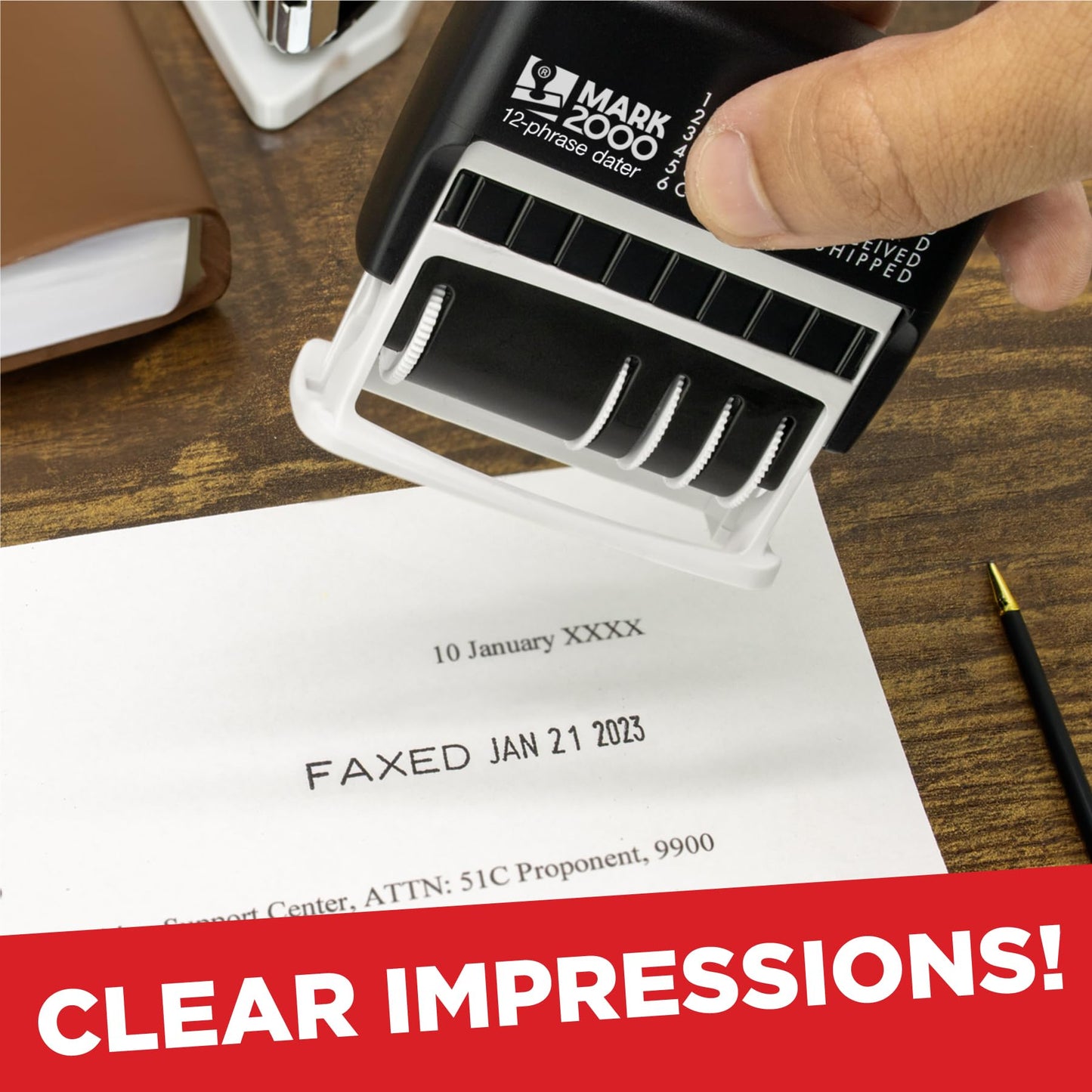 Mark 2000 12-Phrase Dater - Self-Inking Stamp - Blue Ink, Red Date