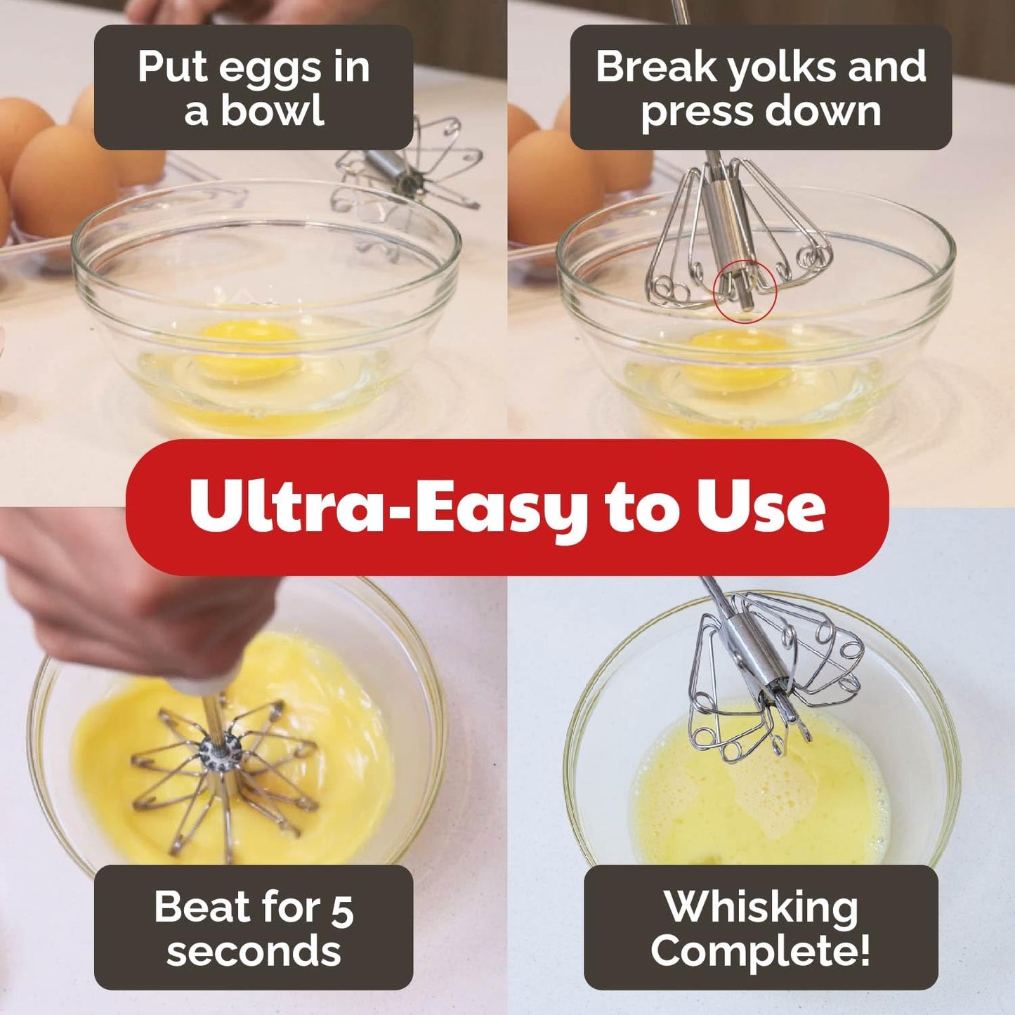 Stainless Steel Egg Beater - Easy to Use Semi-automatic Push-Down Zip Whisker - Rotary Hand Mixer for Beating Eggs, Frothing Milk, Blending, Mixing - Hand Whisk - 2 Pack (12 &14 Inch)