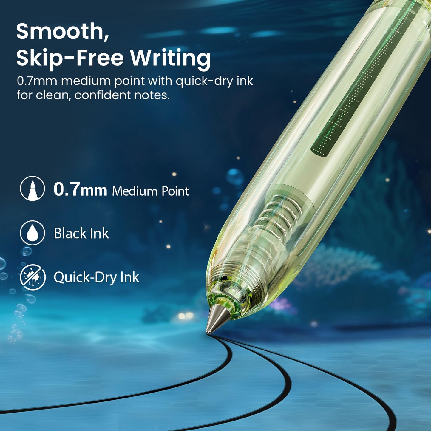 WRITECH Gel Pens Medium Point: Luminous pen set 0.7mm Black Ink Includes 2 Pens and 2 Refills Silent Clicker Smooth Writing for School Office & Everyday Use