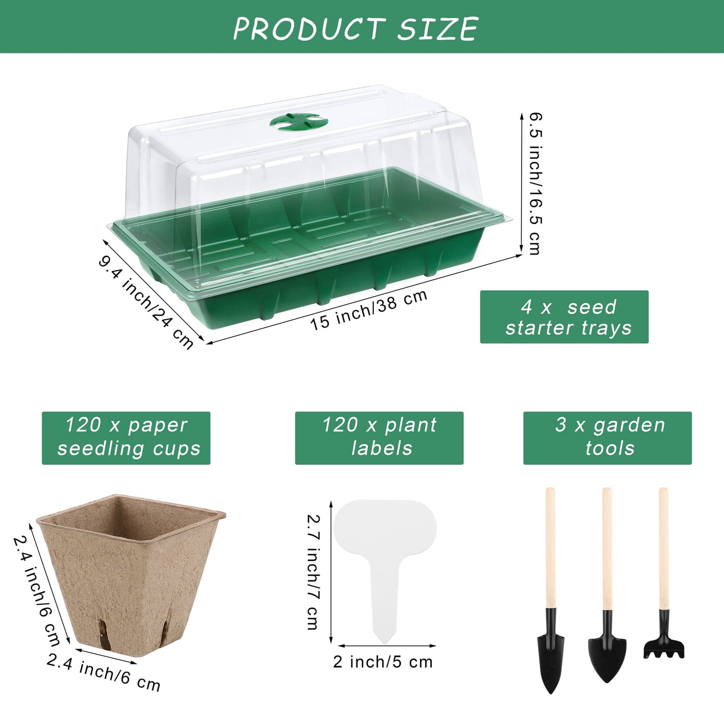 Hahood 4 Pack Seed Starter Tray Kit, 120 Square Seed Peat Pots for Seedlings with Plants Labels, Planting Tools, Plastic Growing Germination Trays with Lids for Indoor Outdoor Gardening, Green