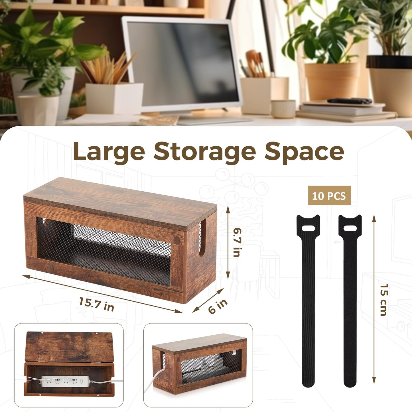 Chunful Extra Large Cable Management Box, 16'' Wood Cord Hider Organizer with Ventilation Nets & Organizer for Power Strip, TV Wires & Desk Cable Storage, Magnetic Lid Hide Floor Cables