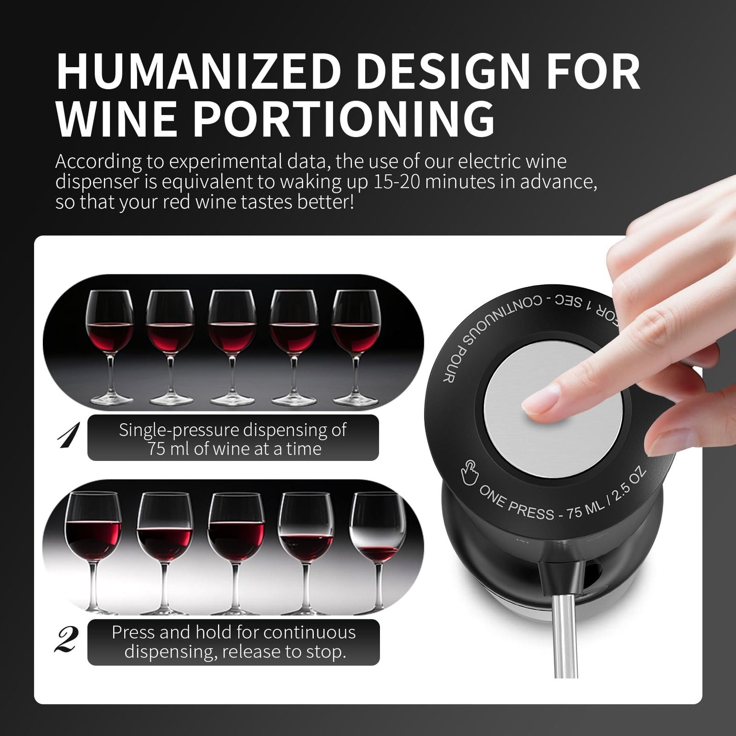 Rechargeable Wine aerator Electric Wine Decanter, Automatic Wine Dispenser withStorage Base,Two Modes:long press to continuously Dispense wine/single press to Dispense75ml of Wine