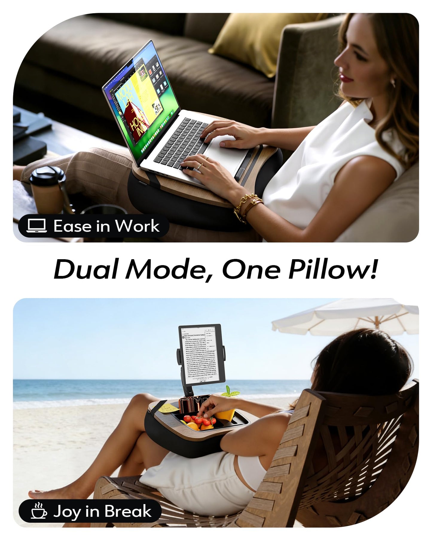 LULULOOK 2-in-1 Lap Desk & Kindle Pillow Stand, Laptop Desk Holder with Beanbag Cushion & Foldable Arm for 14" Laptop,iPad, Phone, 4.7-14.6" Tablet & Kindle Reading in Bed