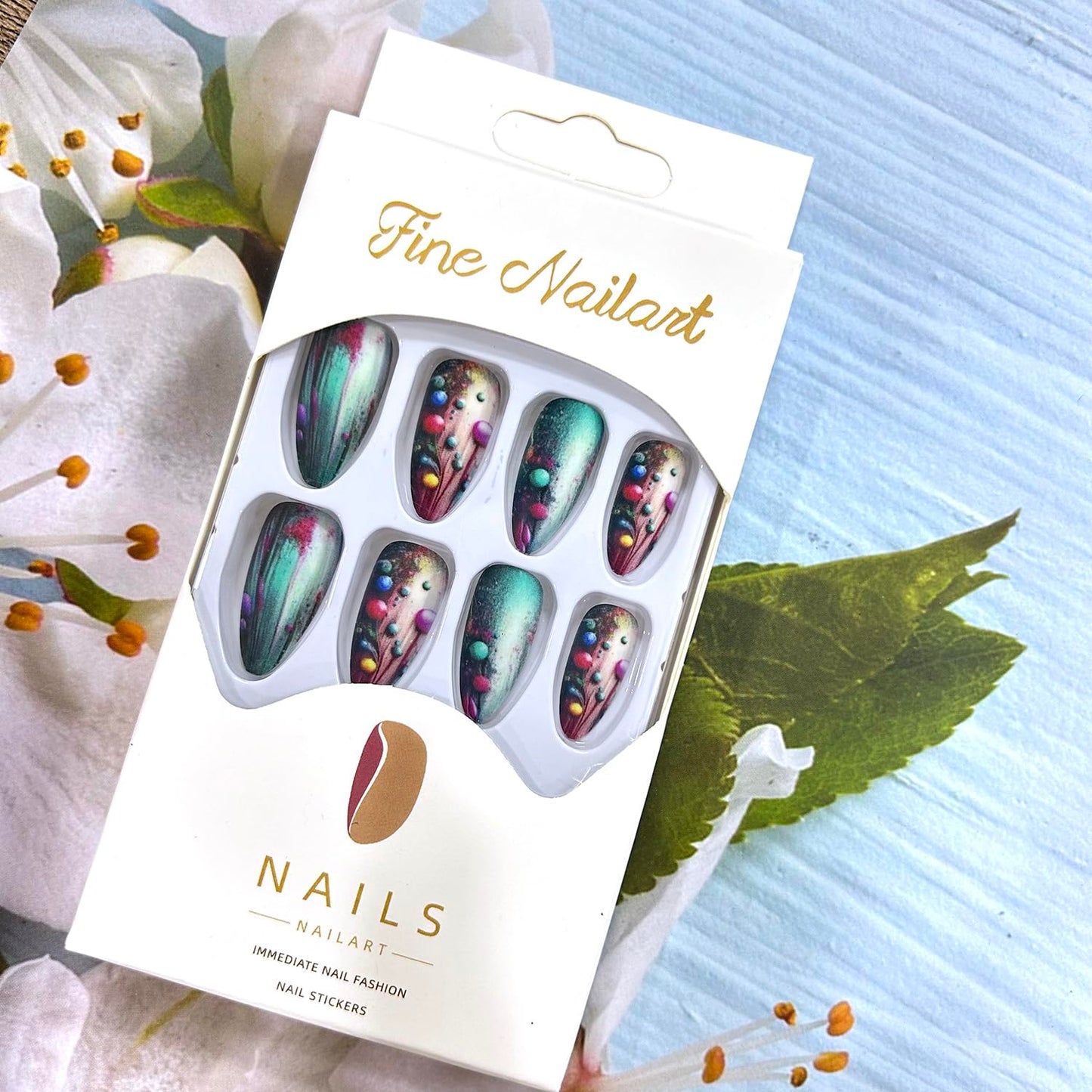 CJDLTSPress on Nails Medium Almond Shaped Colorful Balls Pattern Design Gradient Smudge False Nail Full Cover Almond Stick on Nails Press Ons with Arificial Acrylic Glue on Nails for Women 24Pcs