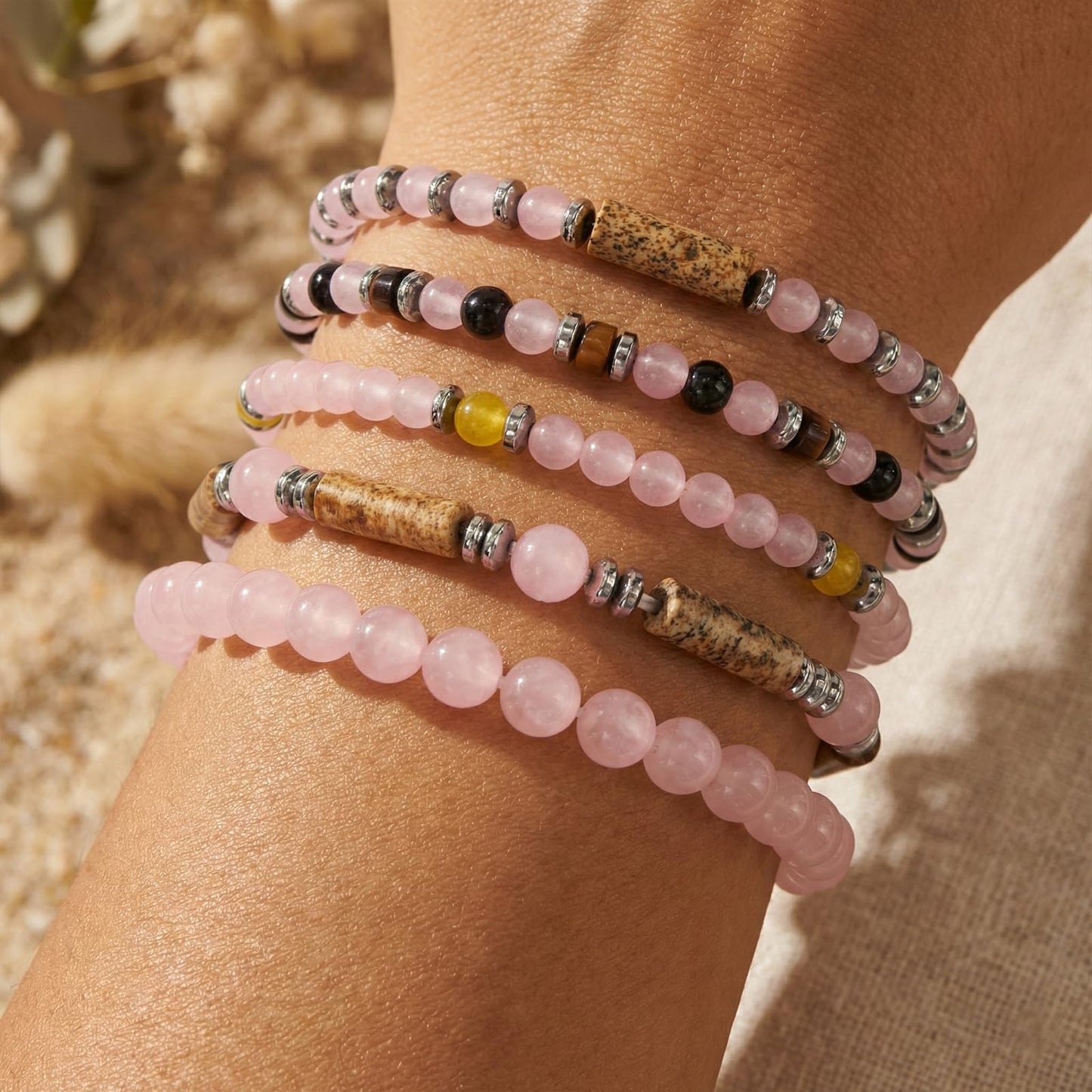 SHINUS BOHO Rose Quartz Beaded Stack Bracelet for Women,Natural Pink Crystal Beads Boho Multi-Layer Stretch Bracelet, Stackable Tiger Eye Picture Jasper Jewelry Gift for Her Love Harmony