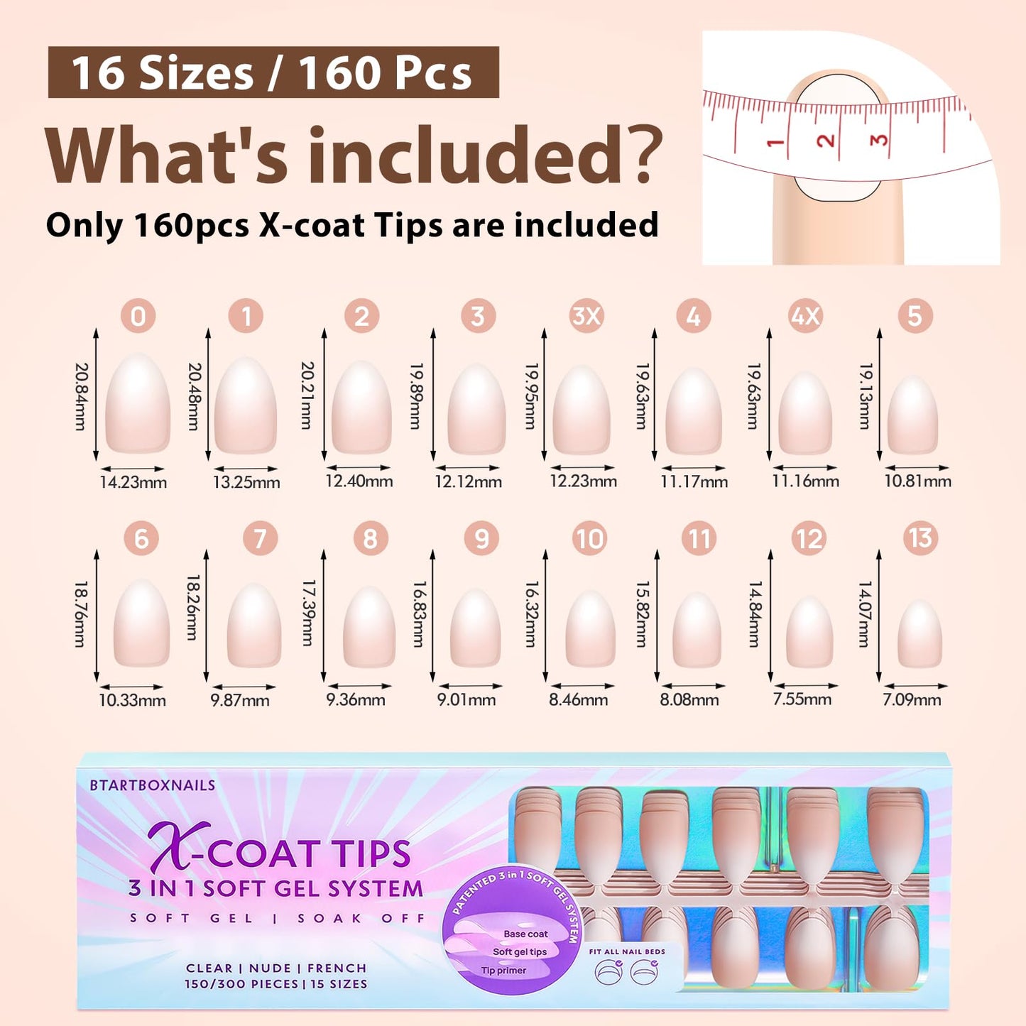 BTArtboxnails XCOATTIPS Ombre Nails - Short Almond Press on Nails, 160Pcs 16 Sizes Nude Press on Nails Peach, Soft Gel Nails False Nail, Soak Off Acrylic Fake Nails Extensions