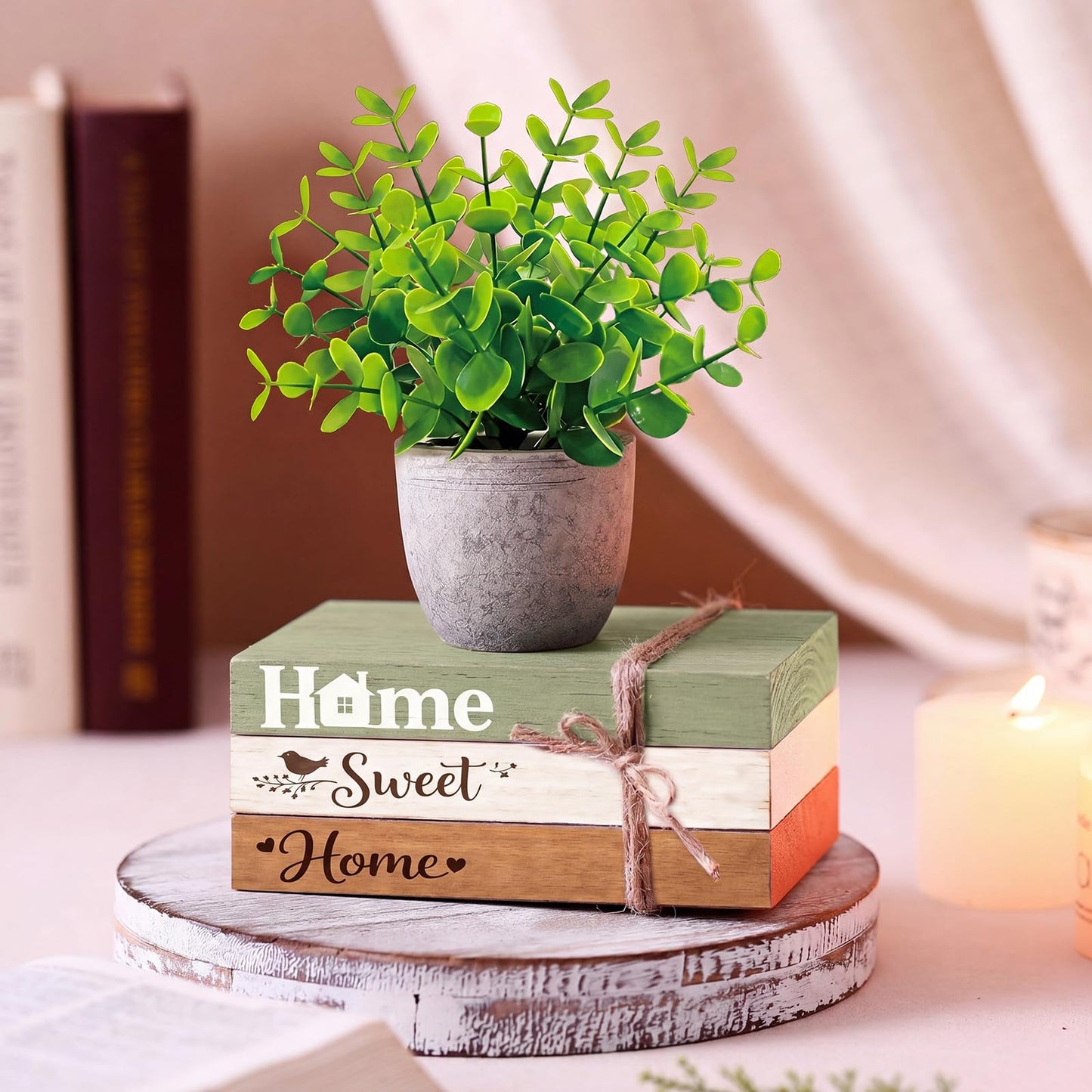 Wesiti 4 Pcs Spring Table Centerpieces with Fake Eucalyptus Pot Plant Home Sweet Home Decoration Farmhouse Tiered Tray Tabletop Decor Wooden Stack Book Block Sign for Desk Shelf Housewarming Gift