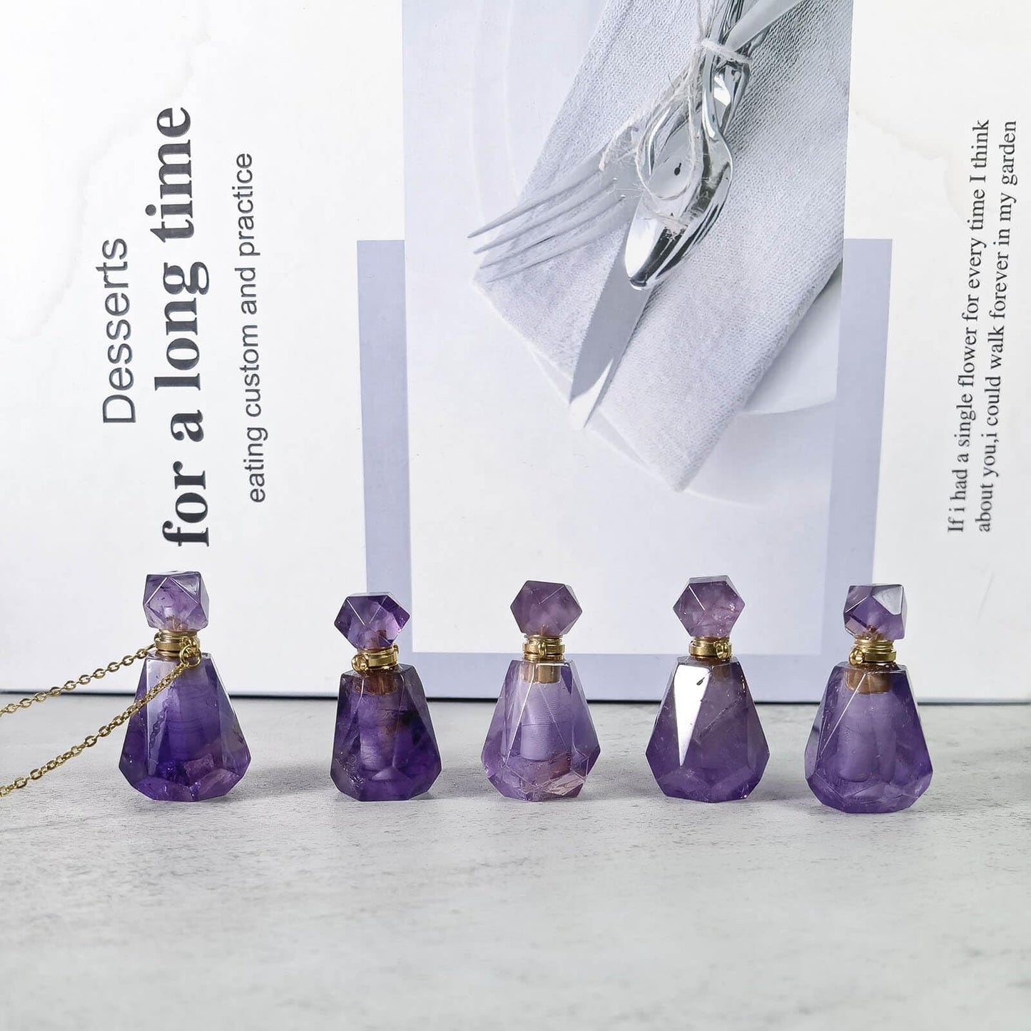 Ladywowu Amethyst Necklace, Natural Purple Crystal Perfume Bottle Necklace for Liquid, Essential oi
