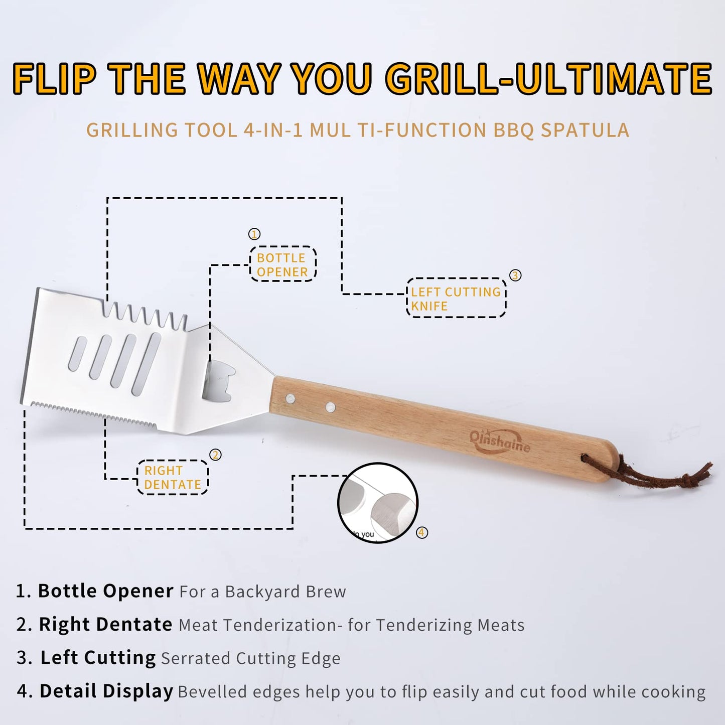 Qinshaine 4-in-1 BBQ Spatula, Multifunction Grill Spatula with Wooden Handle, perfect for BBQ grills and kebabs for camping picnics