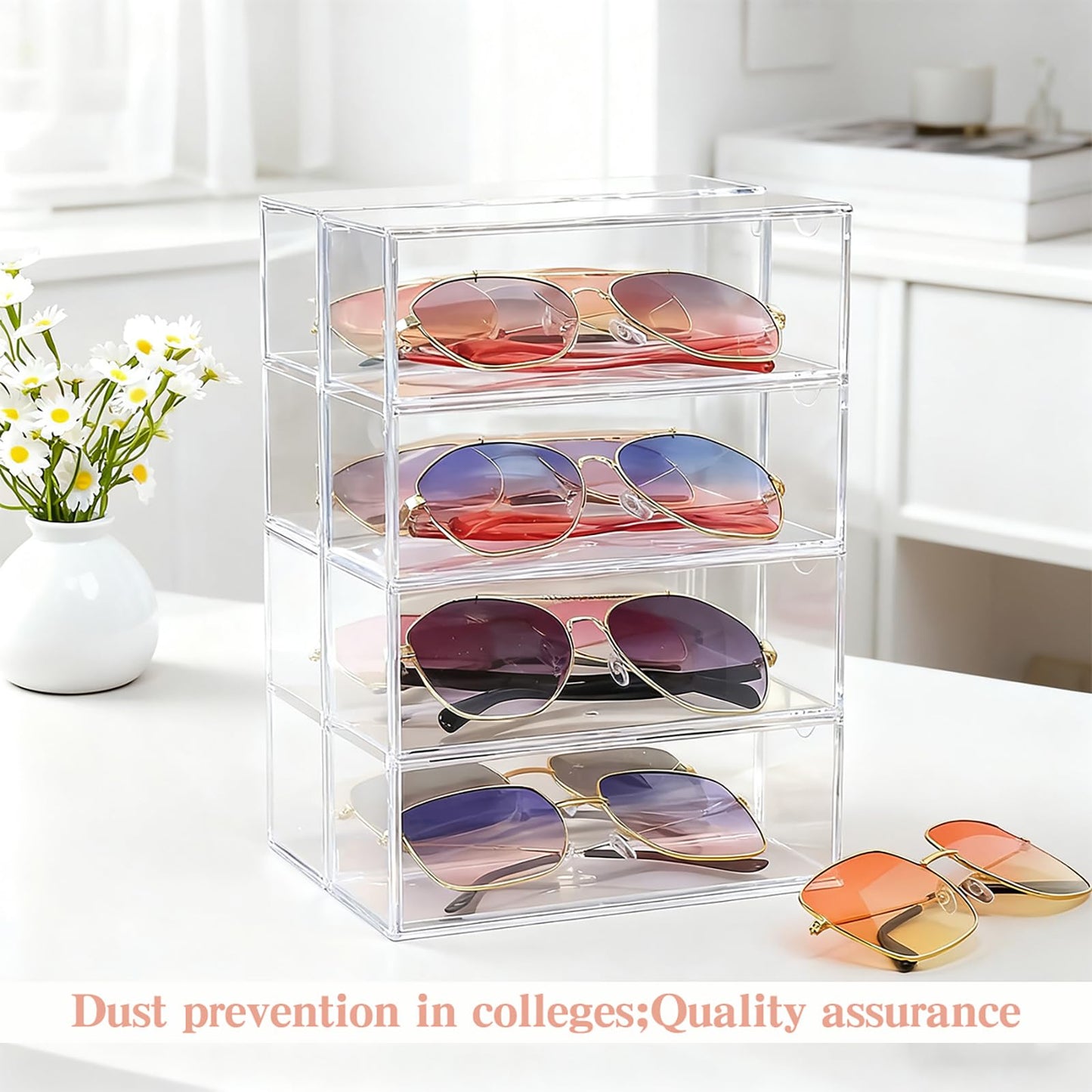 chunhai 2 Pack Sunglasses Organizer, Acrylic Eyeglass Case Clear Eyeglass Holder Eyewear Display Case with 4 Drawers for Women and Men, Jewelry Watch Storage