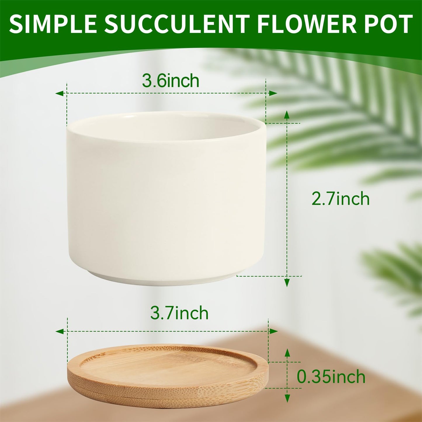 ZOUTOG Ceramic Succulent Pots,3.6 Inch Plant Pots,Succulent Planters with Drainage Hole & Bamboo Tray for Indoor Plants,White Small Flower Planters for Home,Office,Desk(6 Pack)