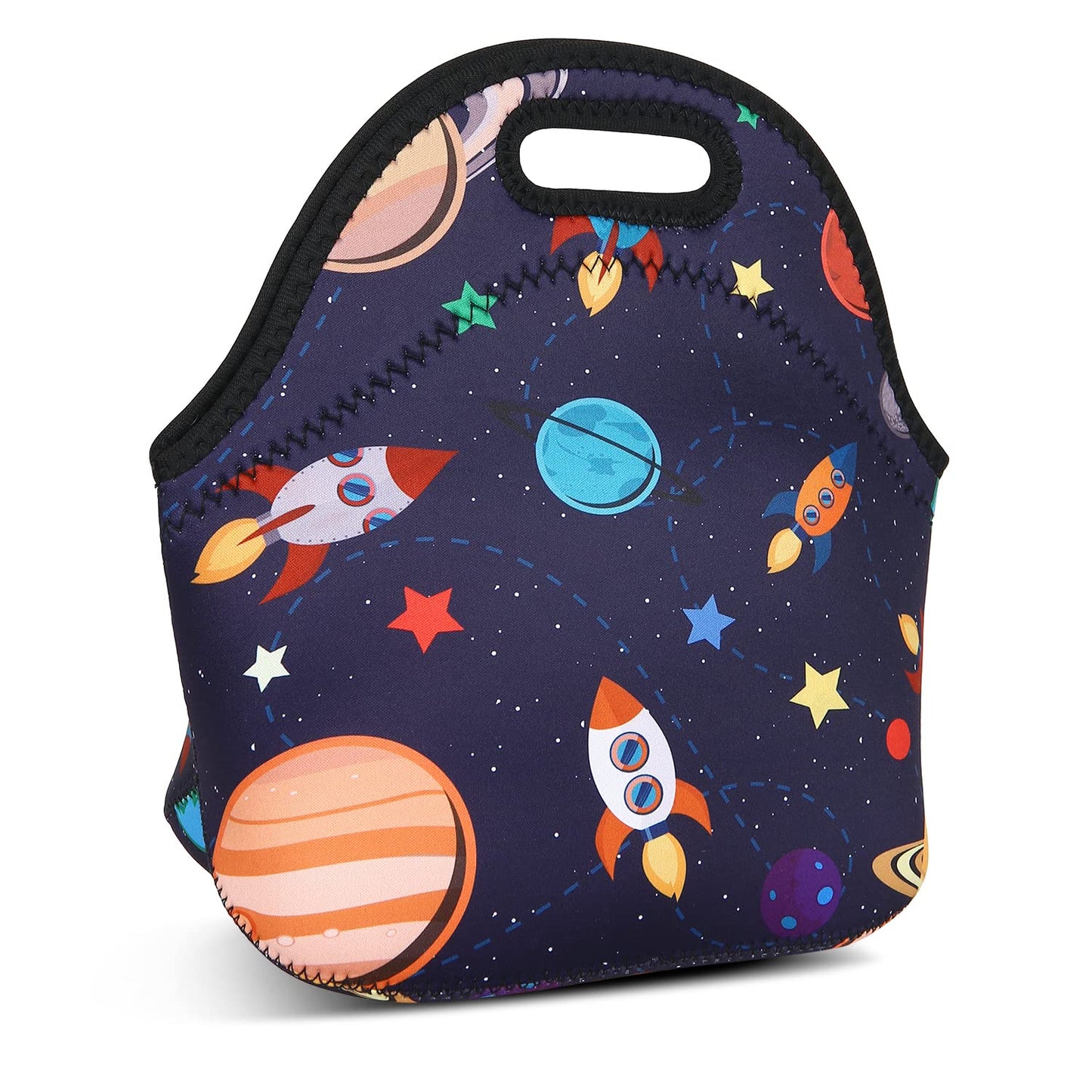 Violet Mist Women's Reusable Neoprene Lunch Bag, Space Rocket, Unisex, 11.4"L x 10.43"H x 5.51"W, 8.7 inches, fits containers up to 7"W