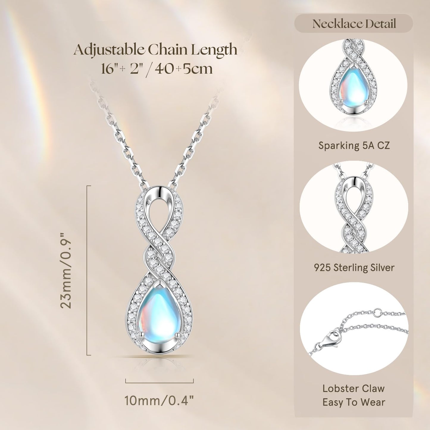 FANCIME Moonstone Necklace June Birthstone Sterling Silver Dainty Infinity Knot Pendant Necklace Gemstone Fine Jewelry Anniversary Birthday Graduation Mothers Day Gifts for Women Her Mom