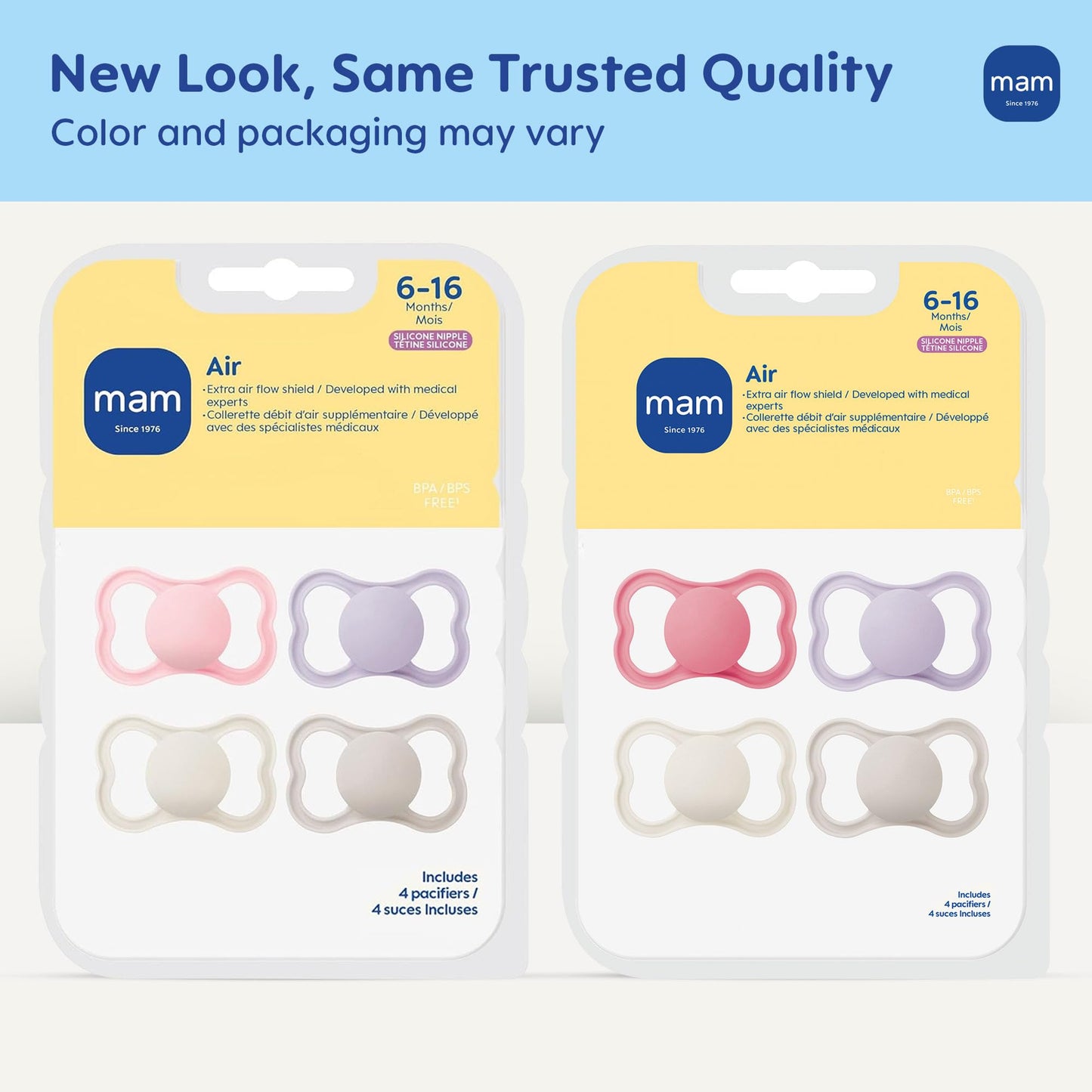 MAM Air Pacifier for Babies 6-16 Months, Extra Air Flow for Sensitive Skin, Developed with Medical Experts, BPA-Free Skin Soft Silicone, 4 Count, Made in Europe