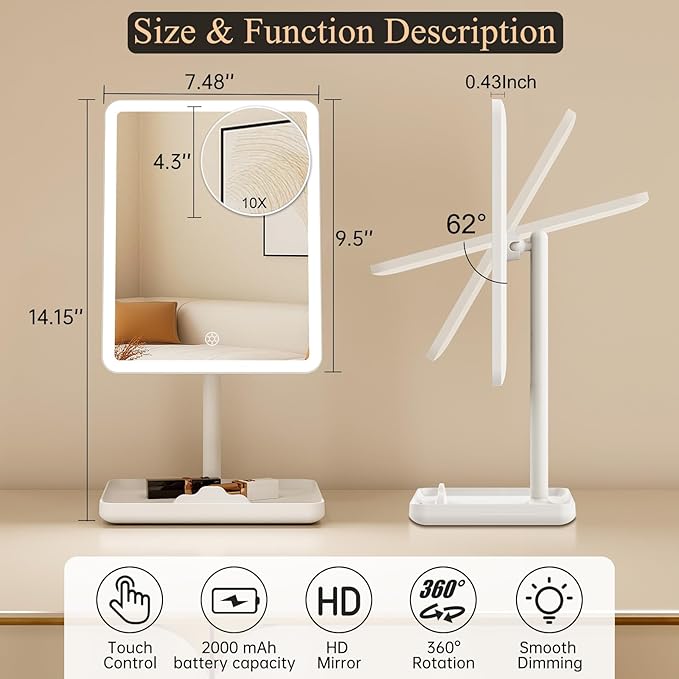 FUNTOUCH Vanity Mirror with Lights, Rechargeable Makeup Mirror with Lights,Smart Touch with 3-Color Lighting, Dimmable, Detachable 40X Magnification for Vanity Desk Tabletop,White