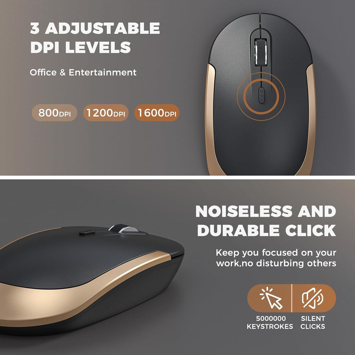 Wireless Keyboard and Mouse, Vssoplor 2.4GHz Rechargeable Compact Quiet Full-Size Keyboard and Mouse Combo with Nano USB Receiver for Windows, Laptop, PC, Notebook-Black Gold