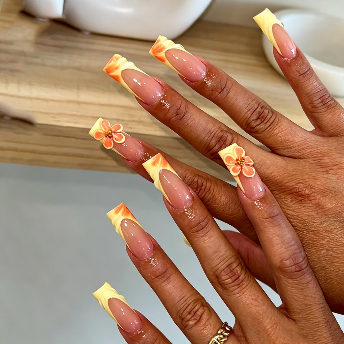 Yellow French Tip Press on Nails Long Square Nails Press ons with Flower & 3D Gold Pearl Design Nude Summer Fake Nails Full Cover Glossy Stick on Nails for Women 24Pcs
