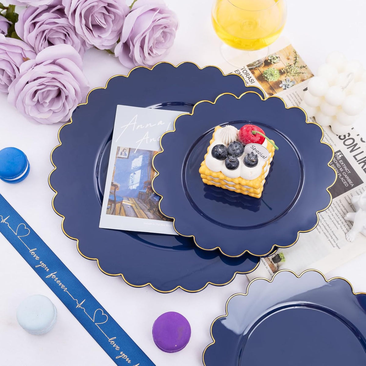 LIYH 60 Pcs Navy Blue Plastic Scalloped Plates with Gold Rim, Dark Blue Disposable Plates for Party Included 30 Dinner Plate 10.25 Inch,30 Dessert Plate 7.5 Inch Elegant Dishes Tableware