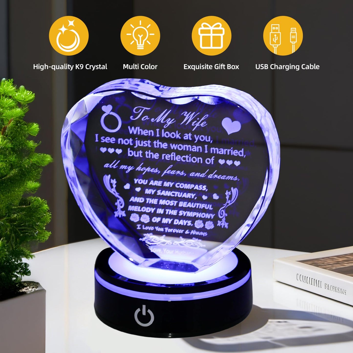 MysticGlitz Anniversary Romantic Gifts for Wife, Heart Crystal Keepsake Decor, LED Light Base Night Lamp, Thoughtful Birthday Gift for Her, Wedding Anniversary Present for Wife