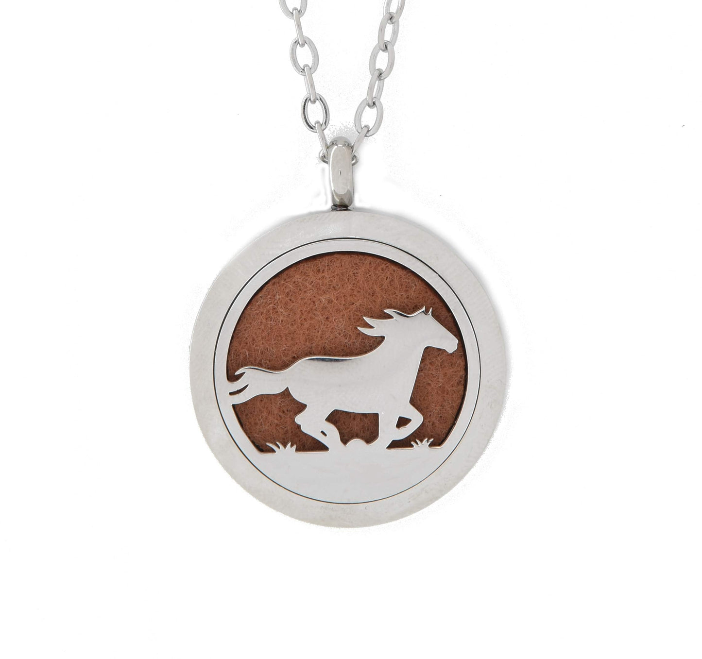 Aromatherapy Essential Oil Diffuser Stainless Steel 30MM Silver Magnetic Locket Pendant 2 Sizes Chain Necklace, Refill Pads & Diffuser Bracelet in a Velvet Bag (horse2)