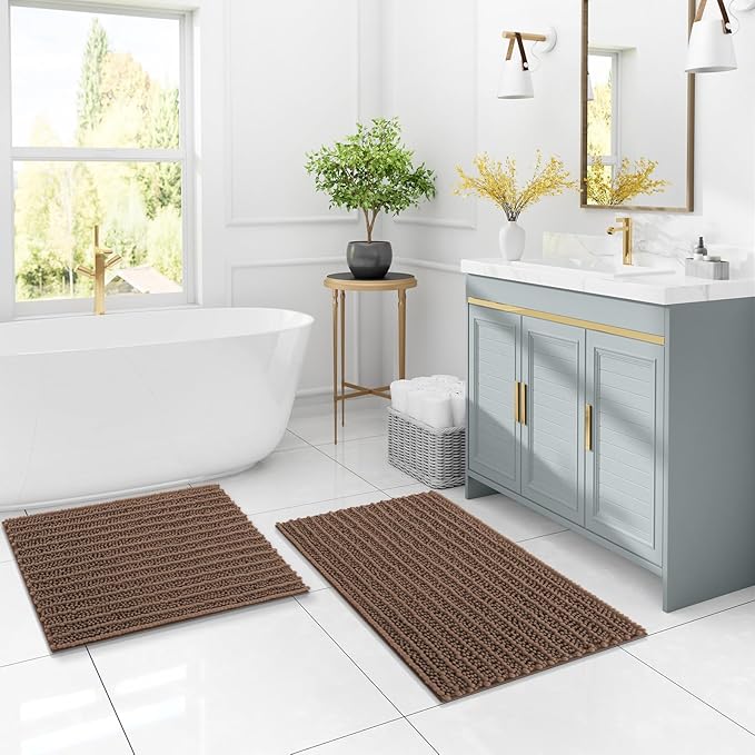 Arotive Luxury Chenille Bathroom Rug Mat, Extra Soft Thick Absorbent Shaggy Bath Rugs, Non-Slip Machine Wash Dry, Plush Bath Mats for Bathroom, Shower and Tub, 24x16, Mocha