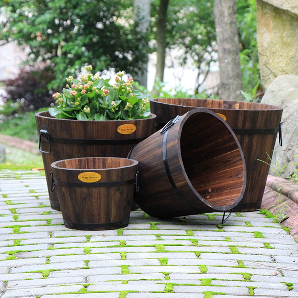 Hemoton Medium Garden Wooden Effect Barrel Planter, Outdoor Half Whiskey Cask Flower Pot, Indoor Rustic Patio Grow Plant Container