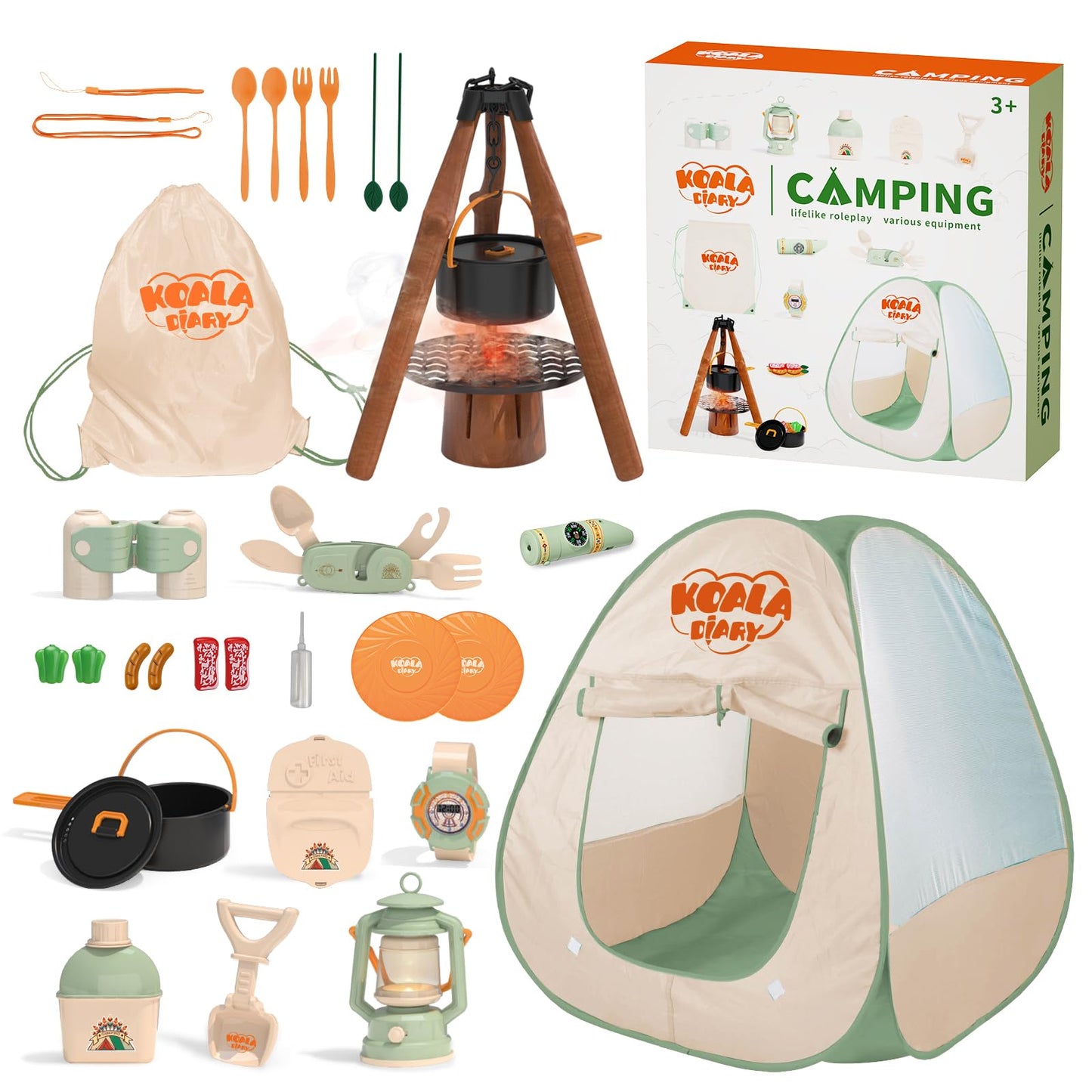 KOALA DIARY Kids Camping Set – an Indoor/Outdoor Pretend Play Adventure kit Featuring a Tent, Oil lamp, Stove, and More. Perfect for Ages 3+