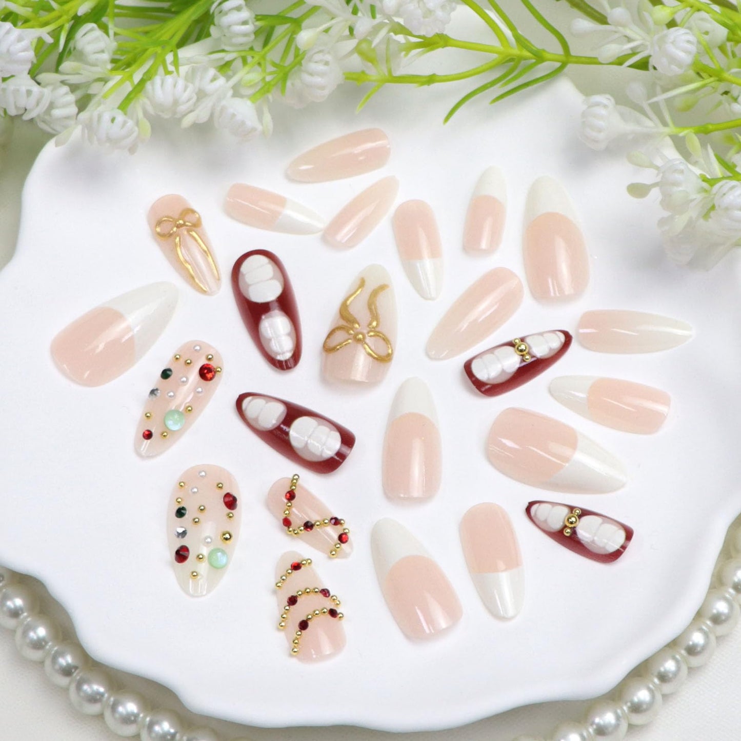 Press on Nails Medium Almond Fake Nails with 3D Water Droplets Pearl Rhinestones Bow Designs White French Tip Glue on Nails Press ons Nude Pink False Nails for Women 24Pcs