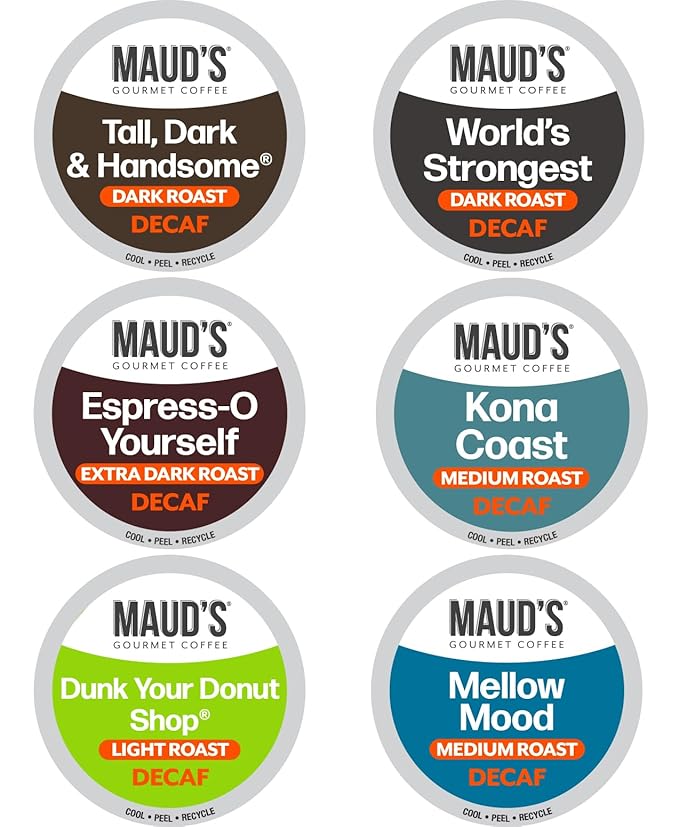 Maud's Decaf Coffee Pods Variety Pack, 54 ct, 6 Assorted Roasts & Flavors, Decaf Dark & Medium Roast Coffee in Recyclable Single Serve Pods - 100% Arabica Coffee, Compatible with Keurig K Cups Maker