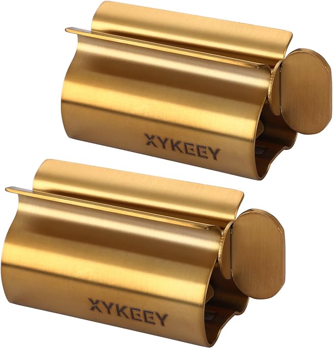 XYKEEY Toothpaste Tube Squeezer - Set of 2 Toothpaste Squeezer Rollers, Metal Toothpaste Tube Wringer Seat Holder Stand (Matt Gold)