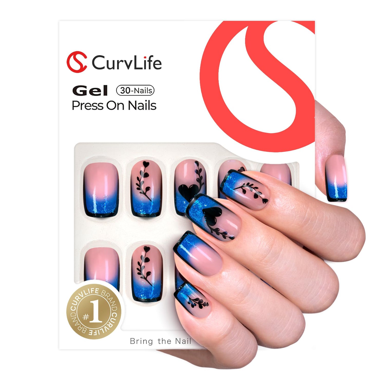 Curvlife Square Press On Nails – 30PCS Full Cover False Natural Fit Soft Gel Fake Nails Tips, Easy to Apply at Home Glue On False Nails Kit (Sparkle Ombre Tips, Medium)