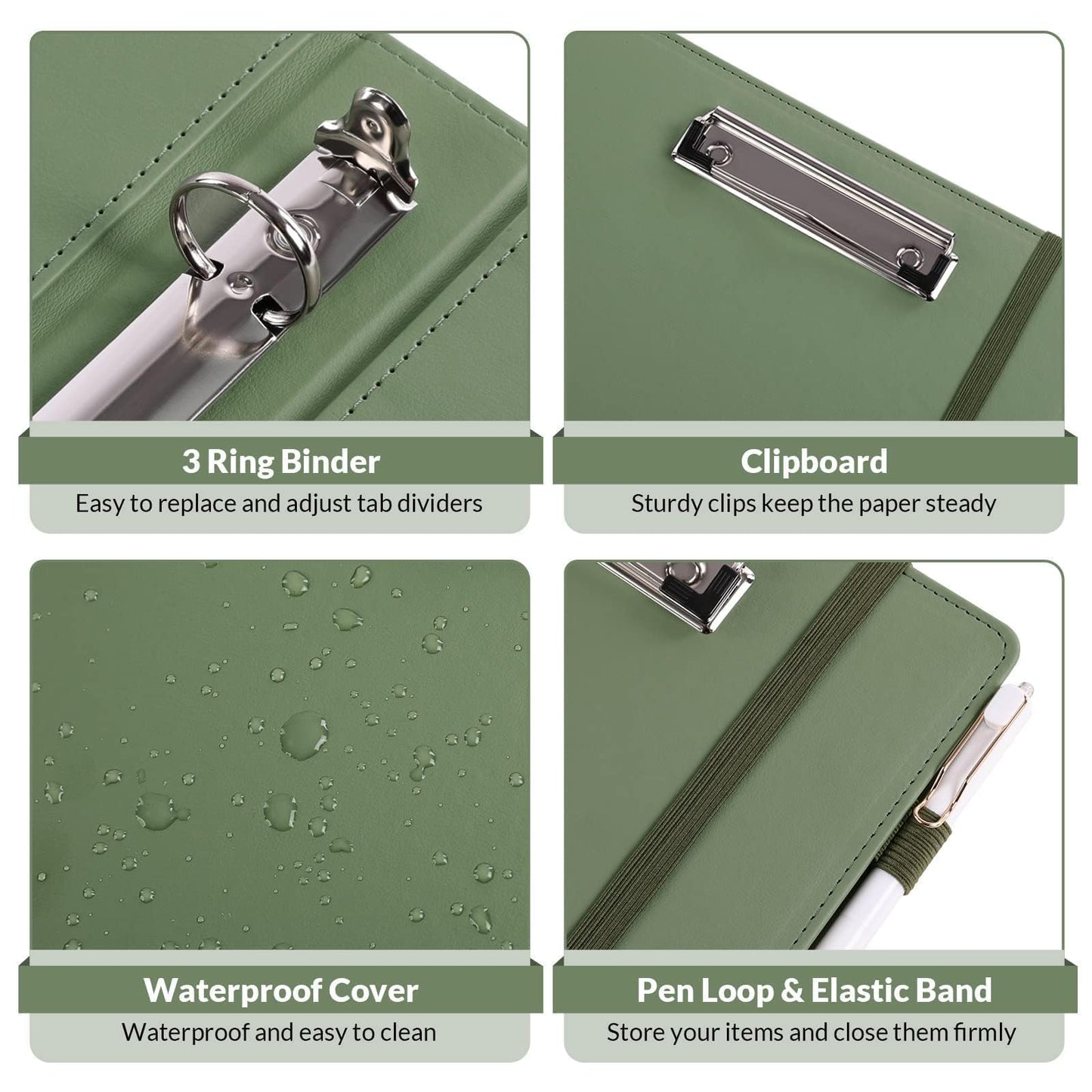 SKYDUE Clipboard Binder with Refillable Notepad, PU Clipboard Folder Includes 5 Dividers with 10 Pockets, Labels, 3 Ring Binder 1 Inch for School Office (Fit Letter Sized Paper),Olivegreen