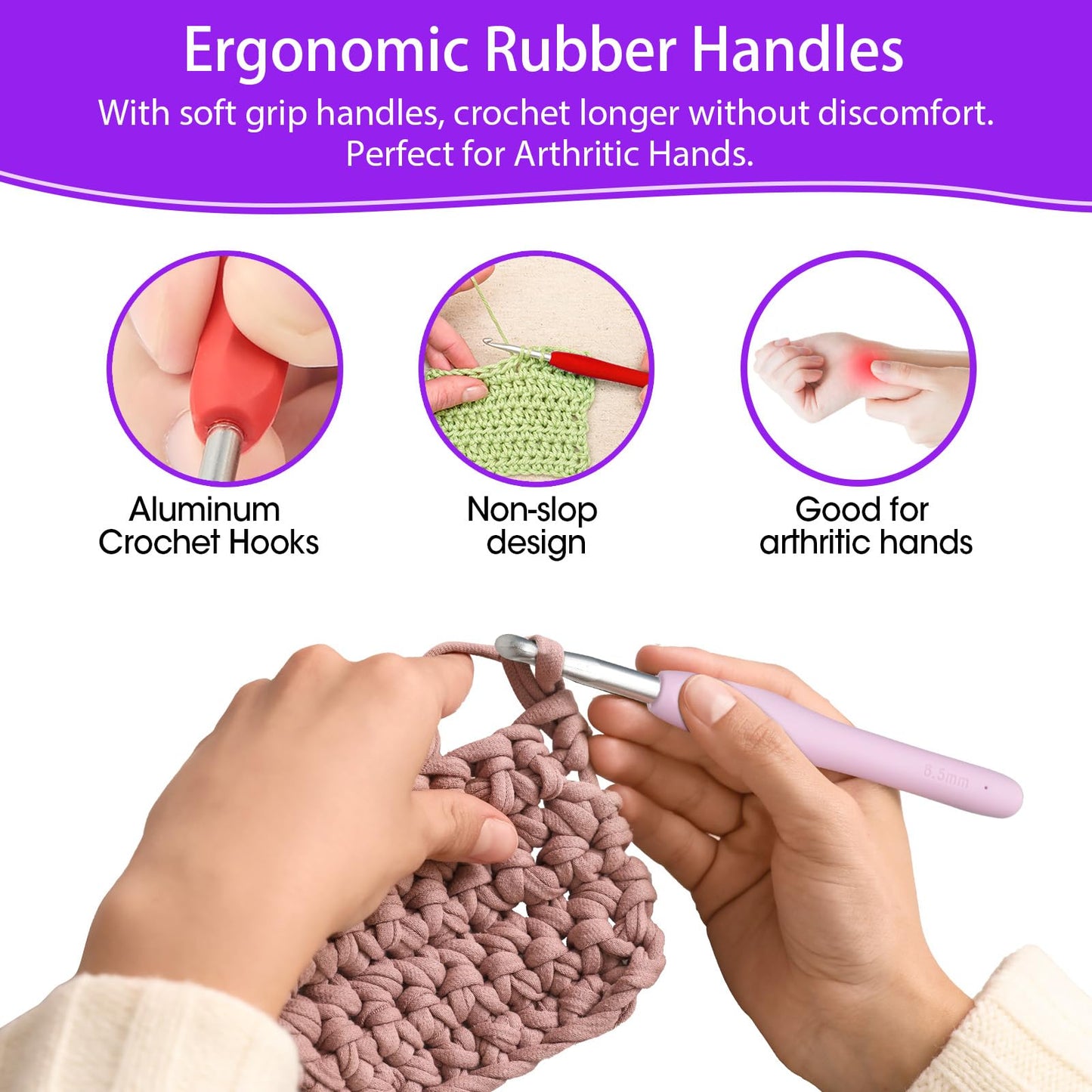 Crochet Hooks RealPlus 14 Pcs 2mm(B)-10mm(N) Ergonomic Crochet Hook Set for Arthritic Hands, Crochet Kit for Beginners with Soft Grip, Large Crocheting Needles with Purple Case