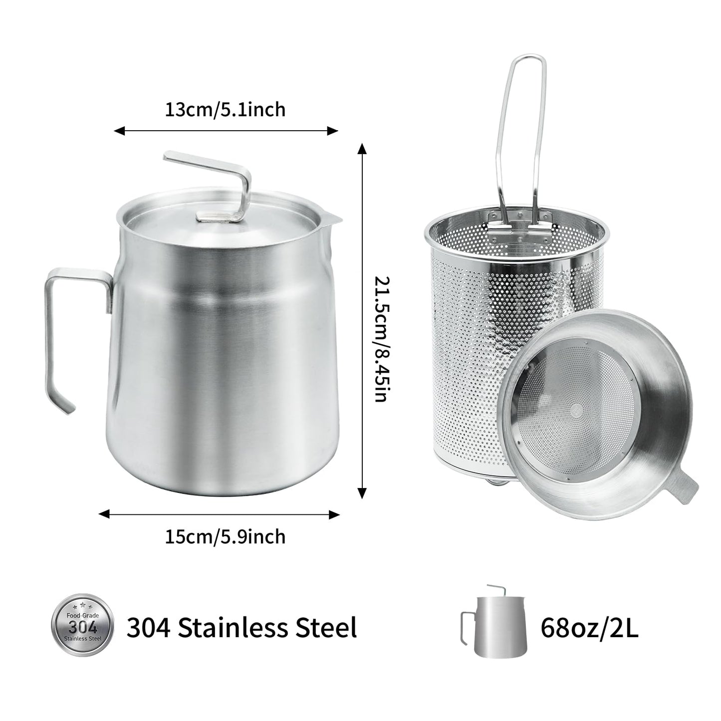 68oz Stainless Steel Oil Filter Pot with Deep Fryer Basket - Kitchen Large Capacity Versatile Oil Strainer Vessel and Bacon Grease Saver for Cooking Grease