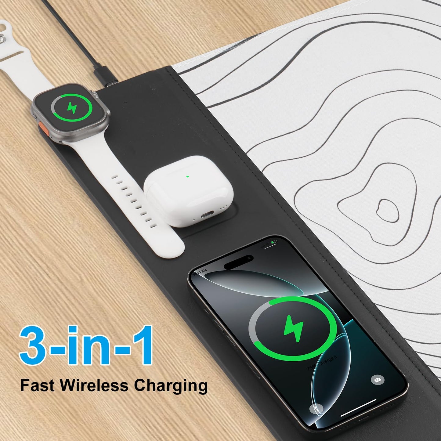 VOVIPO 3 in 1 Wireless Charging Mouse Pad, Desk Mat with Wireless Charger Multiple Devices Compitable with Watch/iPhone, White Topographic Large Desk Mat(90 x 40cm) for MacBook, PC, Laptop