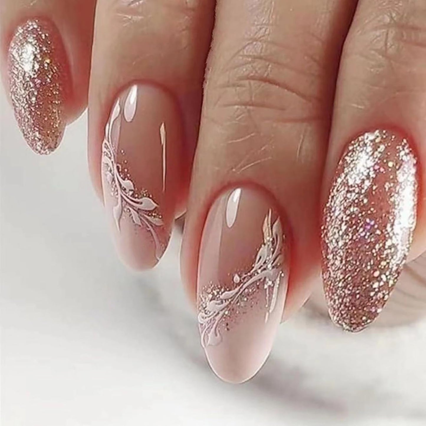 French Tip Press on Nails Medium Almond SWEKKE Fake Nails False Nails with Glitter Leaves Designs Elegant Glossy Glue on Nail Full Cover Nude Acrylic Nails for Women Girls 24Pcs