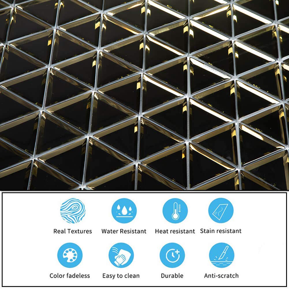 Soulscrafts Beveled Mirror Glass Mosaic Tile,Black with Gold, 3 Inch Triangle Glass Backsplash Tiles for Kitchen Bathroom Wall 5 Sheets/Box
