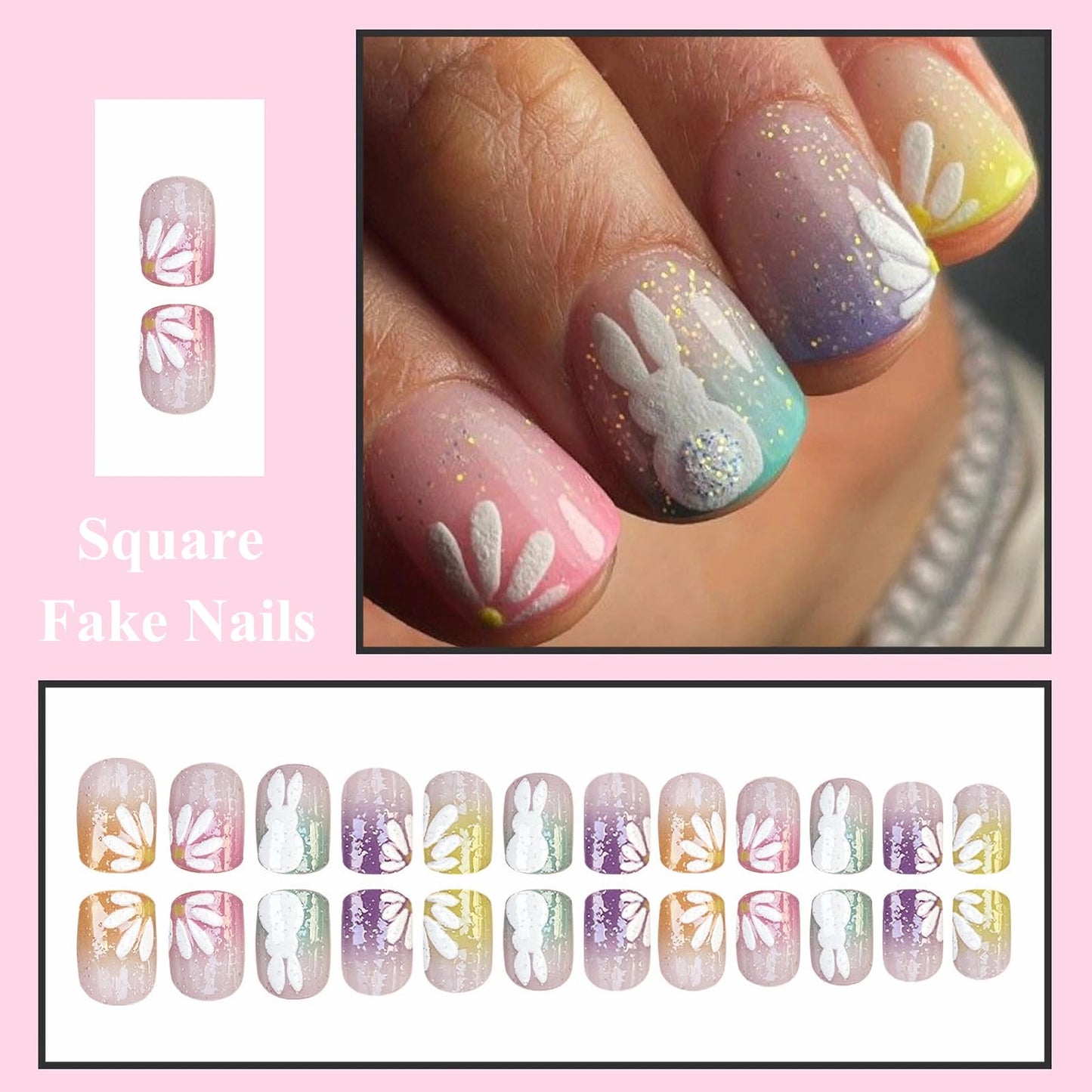 MISUD Press on Nails - Short Square Fake Nails with Colorful Ombre, Acrylic Easter Bunny Flower Design 24 pcs