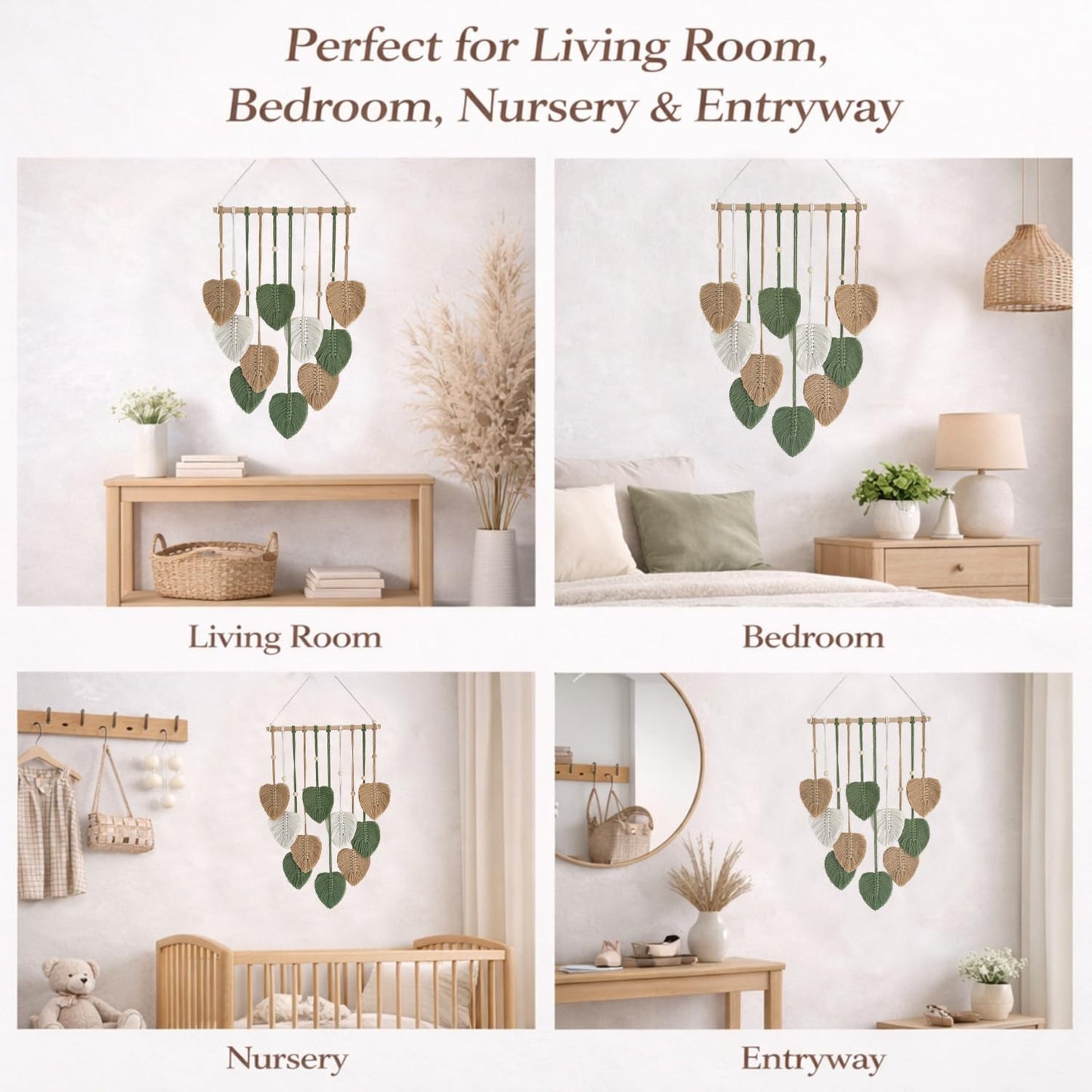 TUDRUKU 15.7x36 Inch Macrame Wall Hanging Nursery Decor Leaves Woven Tapestry Feather Handmade Yarn Tassels Boho Wall Decor for Bedroom Living Room Apartment Home Backdrop (Green)