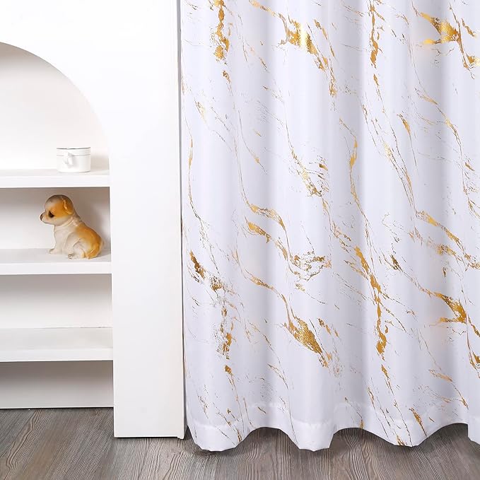 Taisier Home Gold Foil Print Linen Textured Curtains - Geometric Marble Pattern Design for Living Room - Light Filtering Window Treatment, 2 Panels, 72" L, White and Gold