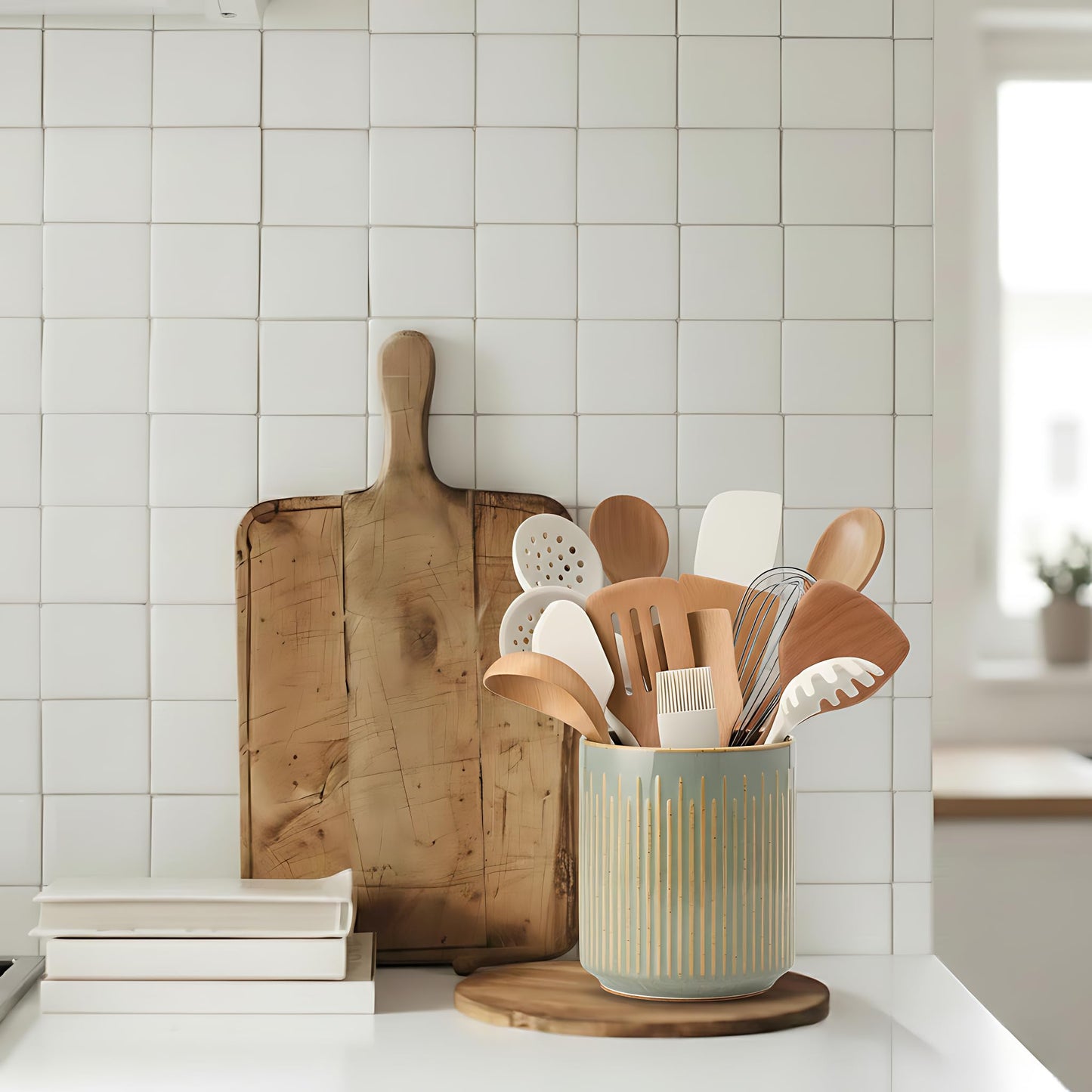 JIEMEI HOME Kitchen Utensil Holder, Ceramic Stable Utensil Crock for Countertop, 7.2" Large Utensil Organizer with Cork Mat, Removable Bamboo Divider for Kitchen Décor and Accessories, Wild Sage Earth