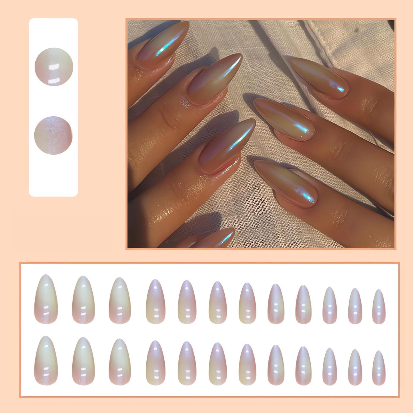 IMSOHOT Almond Press on Nails Medium Aurora Fake Nails Glossy Full Cover Acrylic False Nails Stiletto Chrome Artificial Glue on Nails for Women and Girls 24pcs