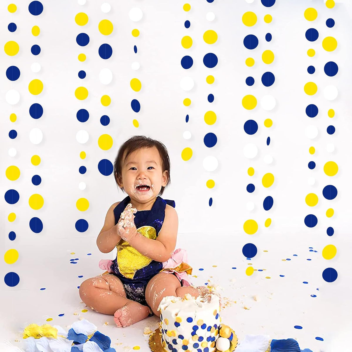46Ft Navy Blue and Yellow Circle Dots Garland Royal Blue Yellow White Hanging Paper Polka Dot Streamer for Graduation Birthday Wedding Bridal Baby Shower Nautical Ahoy Achor Party Decorations Supplies